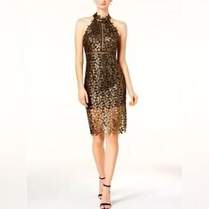 Bardot Halter Sheath Dress with Metallic Gold Leaf Overlay Glam NYE size 8
